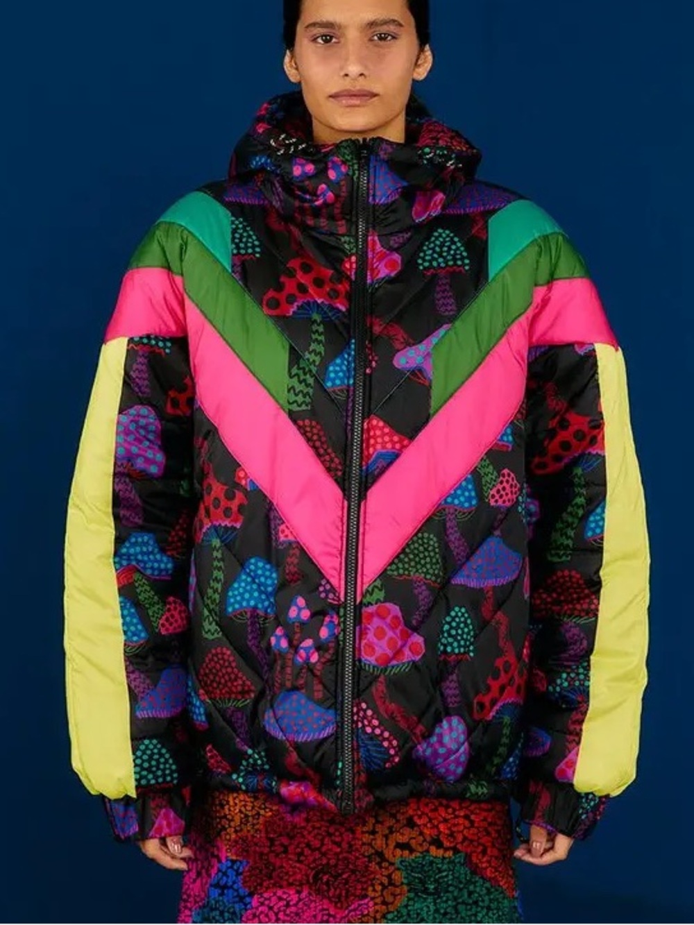 FARM Rio Neon Chevron Mushroom-Print Colorful Hooded Reversible Puffer Jacket XS